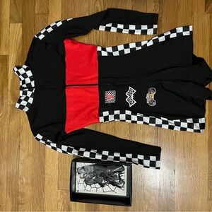 Black and Red Checkered Racing Jumpsuit Costume with Fishnets